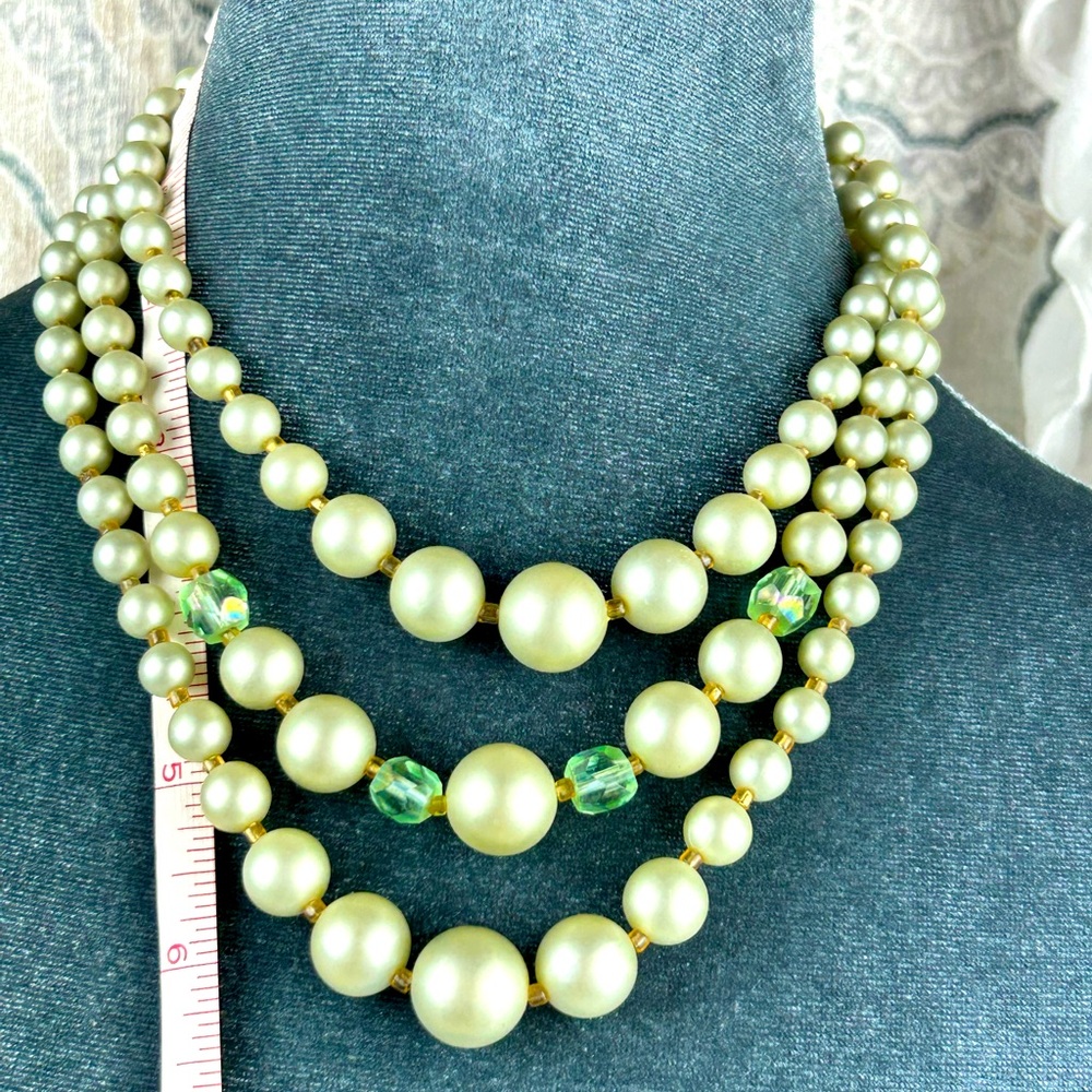 Vintage | Japan | Green Faux Pearl Necklace | Marked